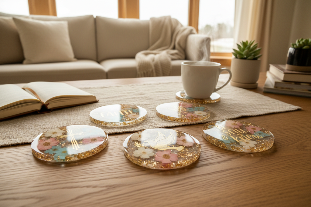 Christian coasters on coffee table